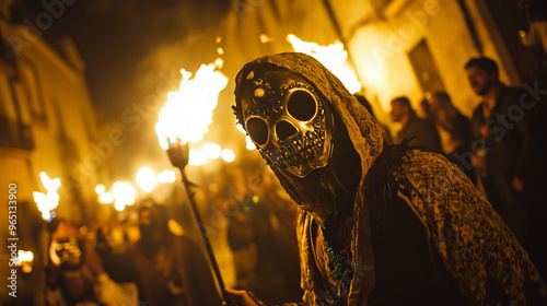 Busojaras, night parades in historic streets with people dressed in scary Busó costumes, Ai generated images photo