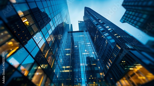 Stunning Skyscrapers in Modern Cityscape, Reflecting Urban Architecture at Dusk