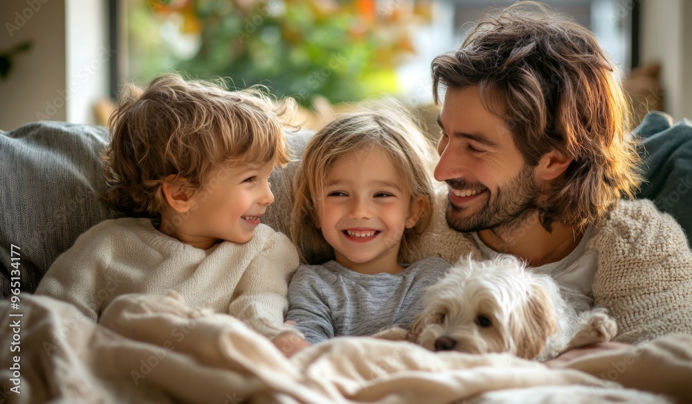 A happy family with two children sitting on the sofa at home, laughing and playing together in the living room. High-quality, realistic photograph. A happy family with two children sitting on the sofa at home, laughing and playing together in the living room. High-quality, realistic photograph.