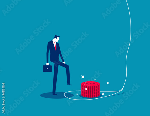 Money trap to trick greed people, danger fraud or threat to attack victim, greed businessman try to step into tricky rope trap to get money banknotes bundle. Financial or investment problem concept