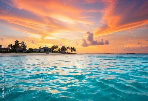 Tropical beach at sunset, with palm trees silhouetted against a vibrant sky.