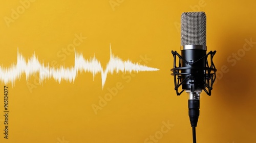 A condenser microphone with a shock mount is positioned on a yellow background, with a white sound wave graphic to its lef photo