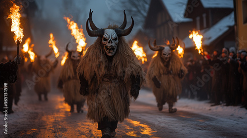 Busojaras Festival in Hungary, a parade of people wearing scary traditional Busó masks with thick fur and big horns, they march carrying burning torches along the village streets, Ai generated images photo