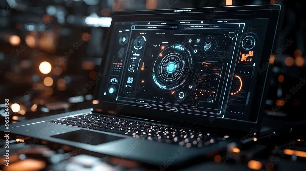 High-tech laptop interface with digital gears in motion, futuristic mechanical design in dark theme. High-tech laptop interface with digital gears in motion, futuristic mechanical design in dark theme.