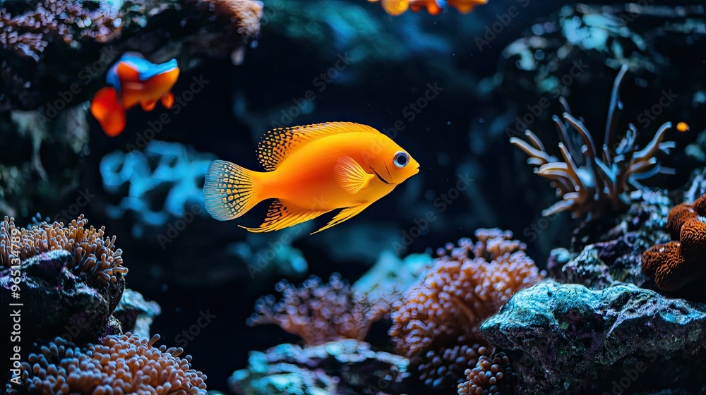 Fish swimming in a saltwater tank with coral and other marine life Fish swimming in a saltwater tank with coral and other marine life