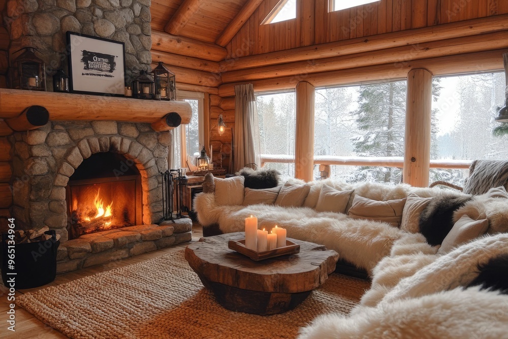 Fototapeta premium Cozy log cabin living room with a warm fireplace.