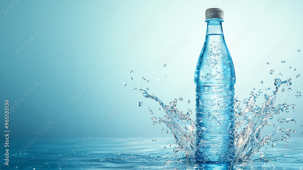Clear water bottle splashing in tranquil blue water against a soft background Clear water bottle splashing in tranquil blue water against a soft background
