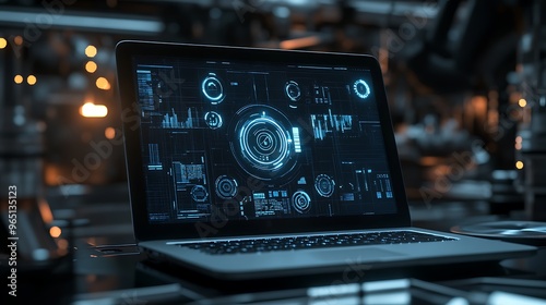 High-tech laptop interface with digital gears in motion, futuristic mechanical design in dark theme.