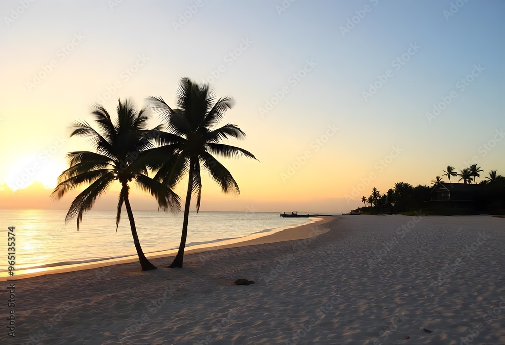 Fototapeta premium Tropical beach at sunset, with palm trees silhouetted against a vibrant sky.