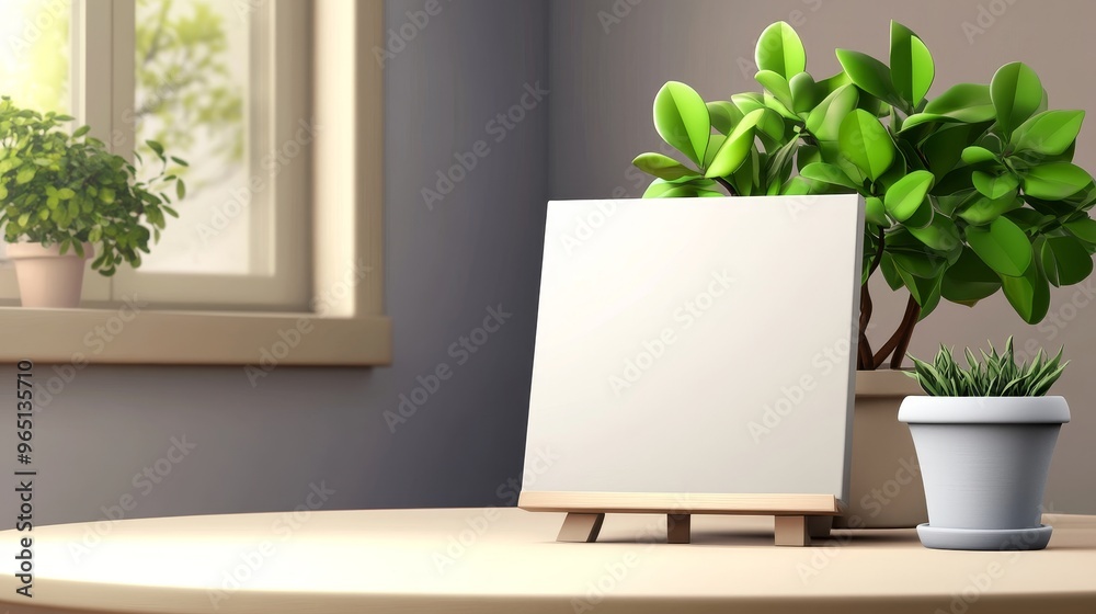 A blank canvas on an easel placed on a wooden table in a bright room with green plants, ideal for creative projects. A blank canvas on an easel placed on a wooden table in a bright room with green plants, ideal for creative projects.