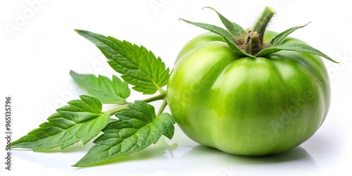 A lone fresh green tomato with stem and leaf rests delicately on a canvas of pure white, awaiting