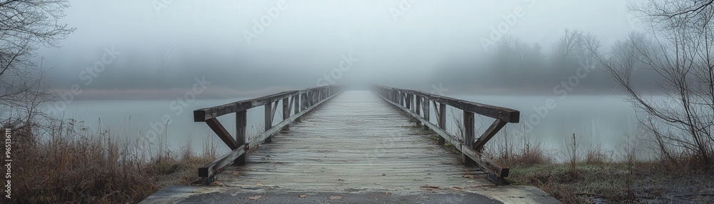 A fog-covered bridge with no visible end in sight, uncertainty, crossing into the unknown A fog-covered bridge with no visible end in sight, uncertainty, crossing into the unknown