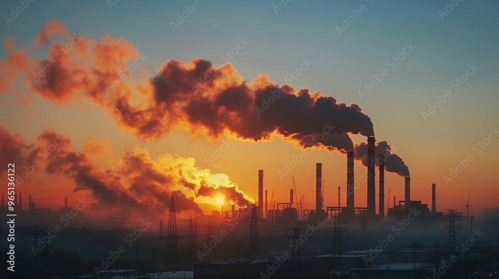 Industrial city skyline emitting smoke during a dramatic sunset, highlighting pollution and climate crisis Industrial city skyline emitting smoke during a dramatic sunset, highlighting pollution and climate crisis