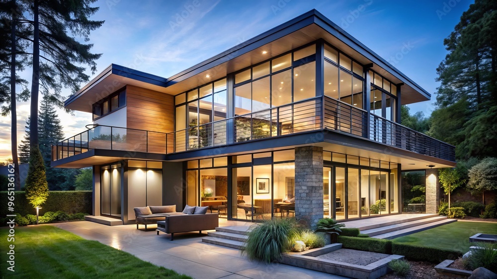 A luxurious two-story retreat features open living spaces, soaring windows, and sleek geometric design throughout. A luxurious two-story retreat features open living spaces, soaring windows, and sleek geometric design throughout.