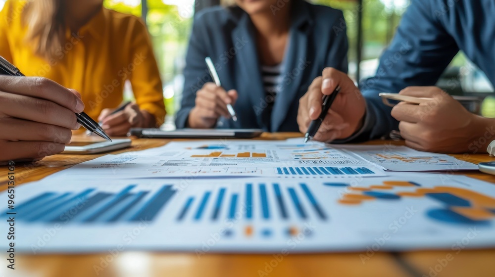 Group of business partners discussing a business plan with graphs and financial data Group of business partners discussing a business plan with graphs and financial data