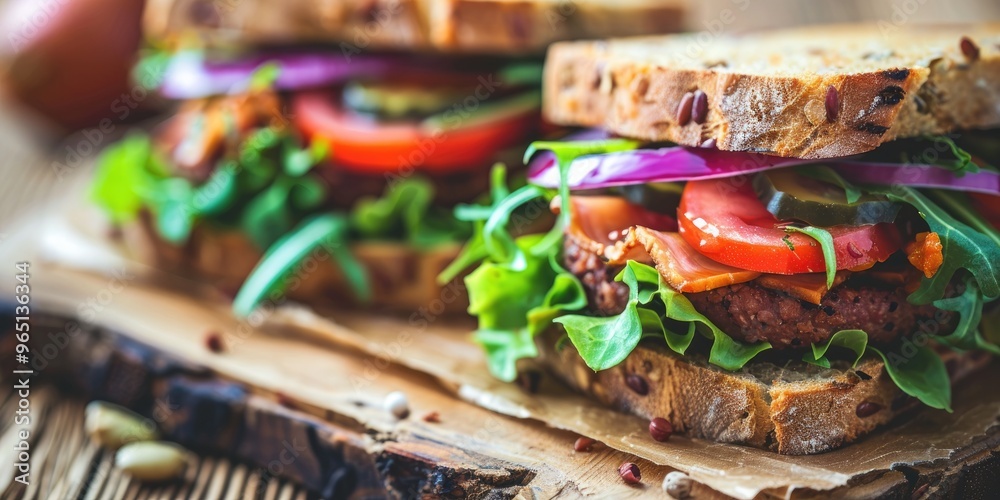 Plant-based sandwich options featuring dairy-free bread, vegetable and fiber toppings, or a soy burger on a wooden table, celebrating a vegan lifestyle. Plant-based sandwich options featuring dairy-free bread, vegetable and fiber toppings, or a soy burger on a wooden table, celebrating a vegan lifestyle.