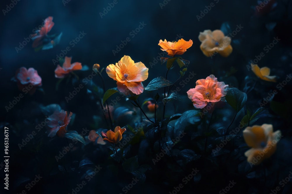 Naklejka premium flowers in aquarium on blue