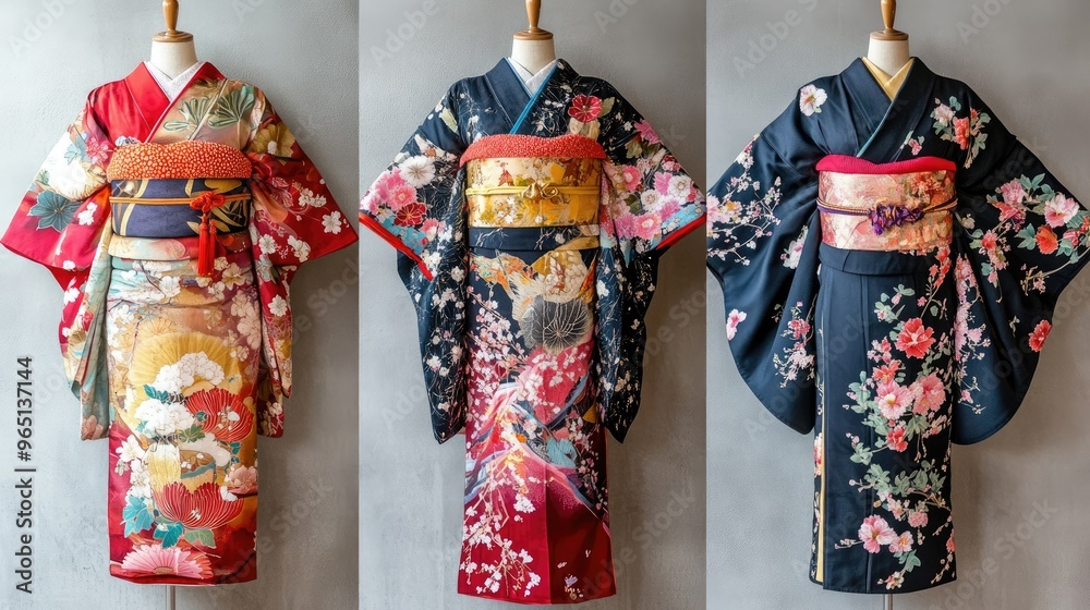 Naklejka premium Japanese fashion such as kimonos, yukatas, and haori jackets