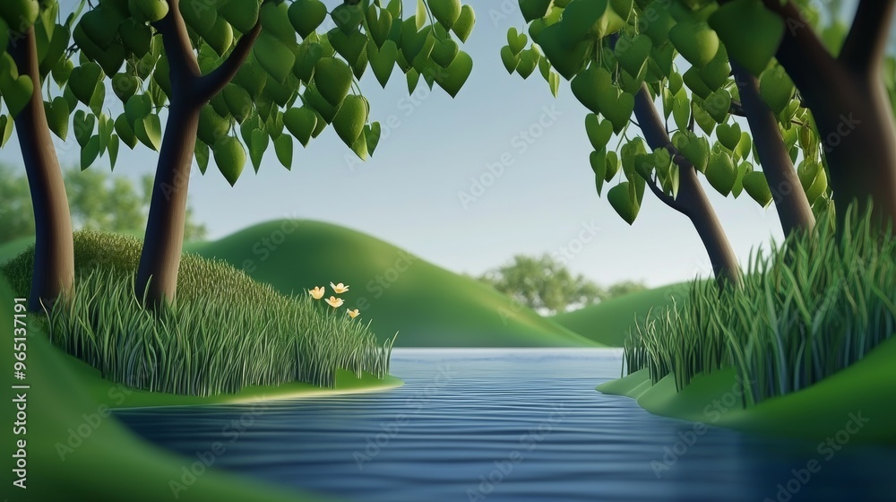 Fototapeta premium A serene landscape featuring a calm river, lush greenery, and peaceful trees under a clear sky, perfect for nature enthusiasts.