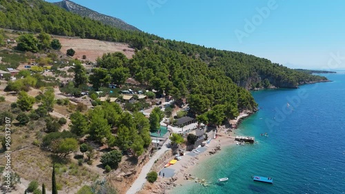 Aerial View of the Gaber⁩⁦ Beach Camping Aloa in Bol on Brac Island, Split Dalmatia, in Croatia. Summer Vacation Resort Near Golden Cape or Golden Horn Zlatni Rat Beach photo