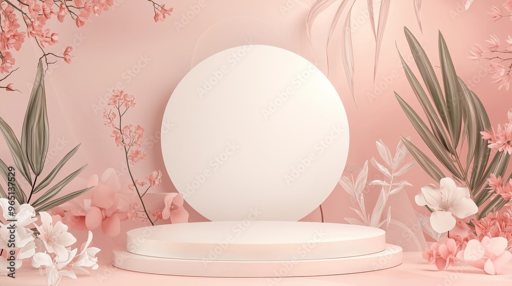 A stylish 3D podium with ample empty space, surrounded by abstract floral patterns, set against a pale pink background, perfect for beauty and wellness advertising A stylish 3D podium with ample empty space, surrounded by abstract floral patterns, set against a pale pink background, perfect for beauty and wellness advertising