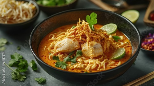 Khao soi curry noodle soup with chicken and crispy noodles