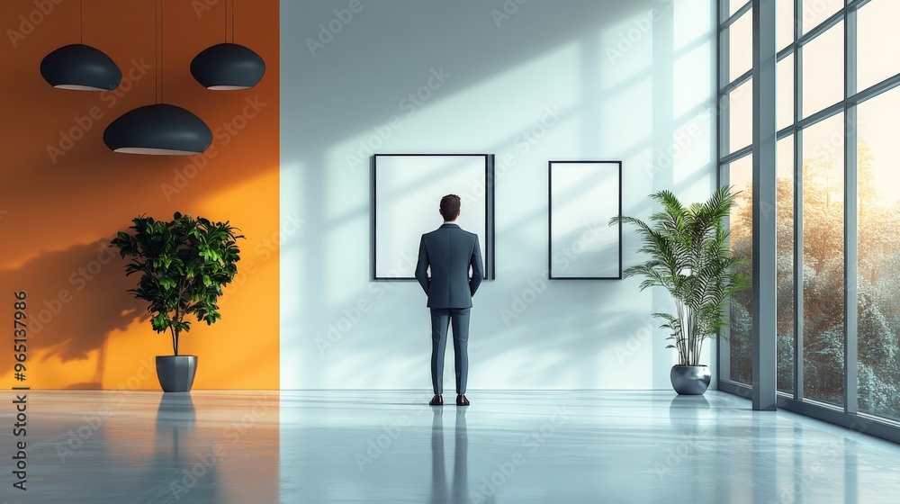 Modern Gallery Interior: A businessman stands in contemplation before two blank canvases, bathed in the warm glow of natural light that streams through the expansive windows. The minimalist interior e Modern Gallery Interior: A businessman stands in contemplation before two blank canvases, bathed in the warm glow of natural light that streams through the expansive windows. The minimalist interior e
