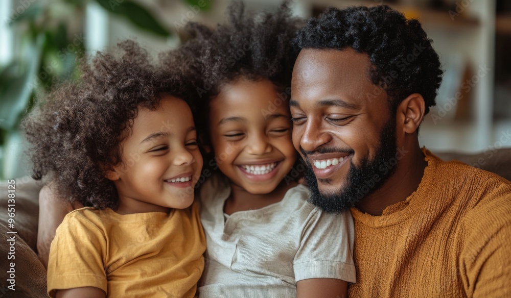 A happy family with two children sitting on the sofa at home, laughing and playing together in the living room. High-quality, realistic photograph. A happy family with two children sitting on the sofa at home, laughing and playing together in the living room. High-quality, realistic photograph.