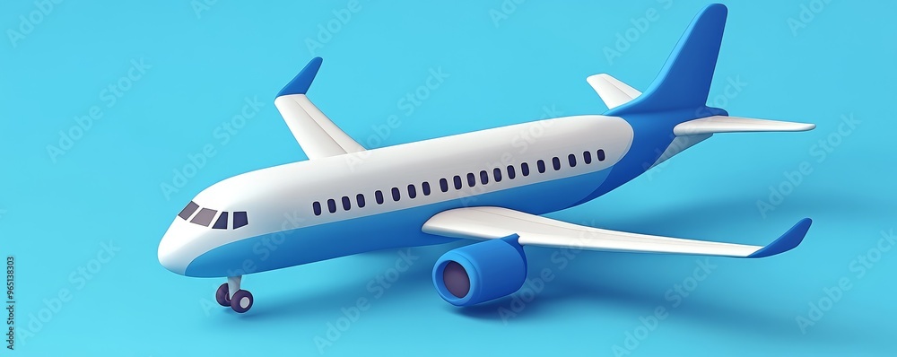 A vibrant 3D model of a blue and white airplane against a bright blue backdrop, perfect for travel and aviation themes. A vibrant 3D model of a blue and white airplane against a bright blue backdrop, perfect for travel and aviation themes.