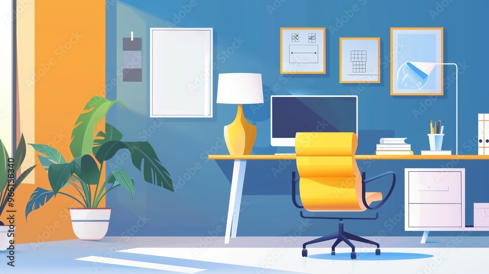 Modern Home Office Setup Illustration with Yellow Chair and Desk Decorations Modern Home Office Setup Illustration with Yellow Chair and Desk Decorations