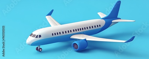 A vibrant 3D model of a blue and white airplane against a bright blue backdrop, perfect for travel and aviation themes.