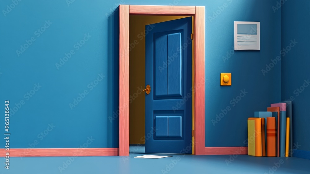 A vibrant blue interior with an open door leading to a colorful space, featuring stacked books and a bright ambiance.