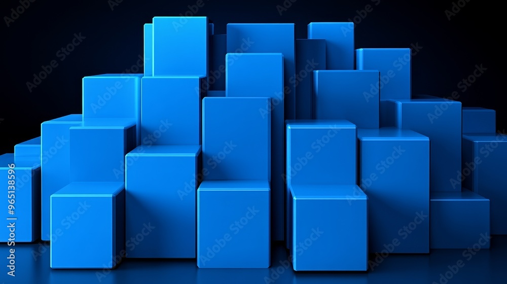 A vibrant collection of blue cubes arranged in a creative formation against a dark background, ideal for abstract designs. A vibrant collection of blue cubes arranged in a creative formation against a dark background, ideal for abstract designs.