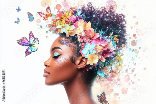 portrait of a woman with flowers and butterfly