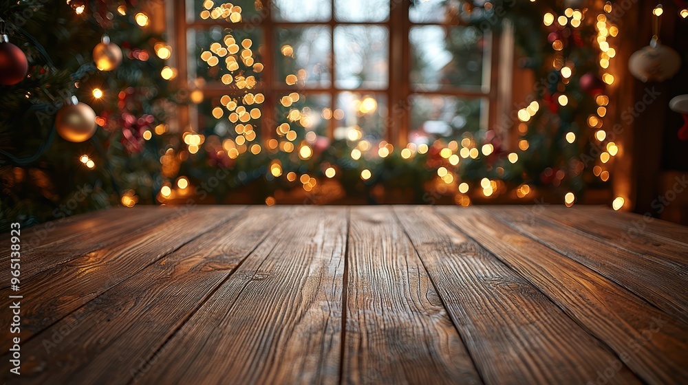 Cozy wooden table with warm festive lights decorating a window in a charming holiday setting Cozy wooden table with warm festive lights decorating a window in a charming holiday setting