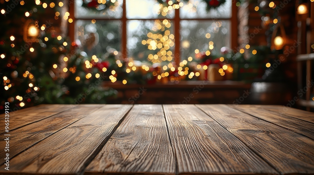 Cozy wooden table in front of a decorated window with festive lights during winter season Cozy wooden table in front of a decorated window with festive lights during winter season