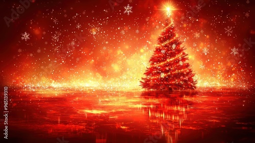 A vibrant Christmas tree stands alone in a shimmering red landscape filled with sparkling snowflakes during the festive season