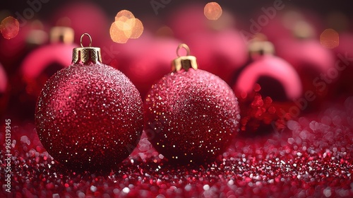 Glittering red Christmas ornaments resting on a sparkling surface during the festive season