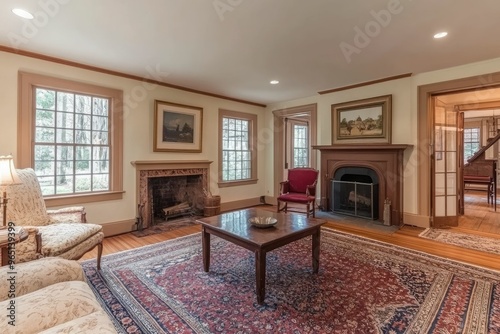 Cozy living room with a fireplace and classic decor.