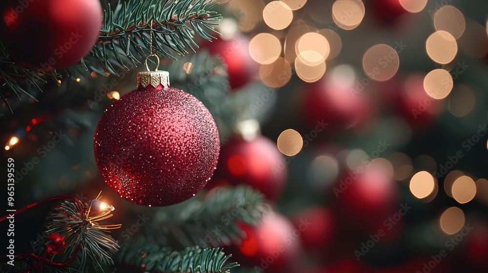 Festive red ornaments hanging on a Christmas tree illuminated by soft, warm lights during the holiday season in a cozy setting Festive red ornaments hanging on a Christmas tree illuminated by soft, warm lights during the holiday season in a cozy setting