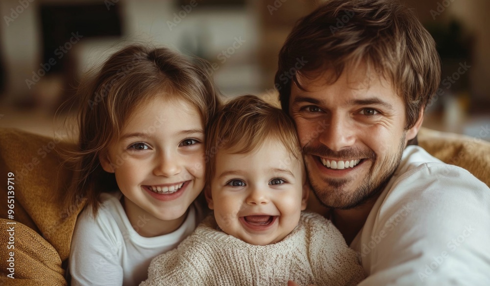 A happy family with two children sitting on the sofa at home, laughing and playing together in the living room. High-quality, realistic photograph. A happy family with two children sitting on the sofa at home, laughing and playing together in the living room. High-quality, realistic photograph.
