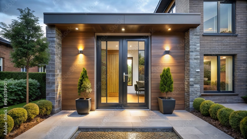 Fototapeta premium A modern front door with glass panels and sleek design invites entry into a contemporary home, setting the