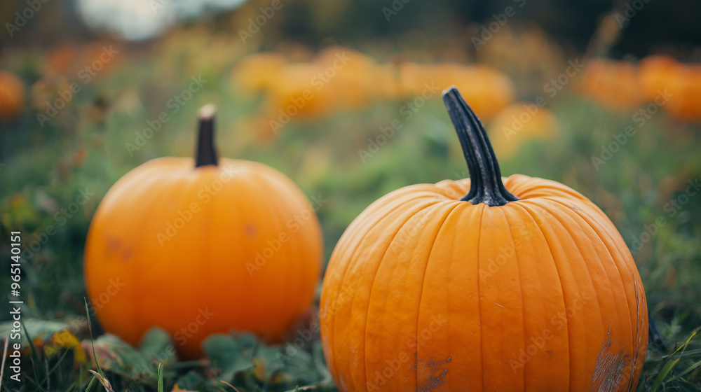 A bustling pumpkin patch filled with ripe orange pumpkins ready for harvest. It's a scenic autumn day perfect for gathering fresh produce