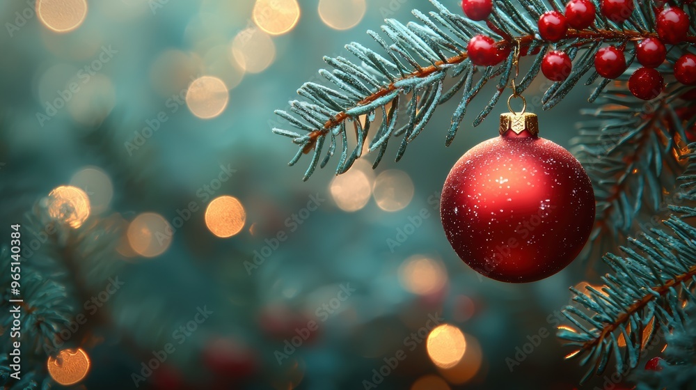 A festive red ornament hanging on a Christmas tree branch with blurred lights in the background during the holiday season A festive red ornament hanging on a Christmas tree branch with blurred lights in the background during the holiday season