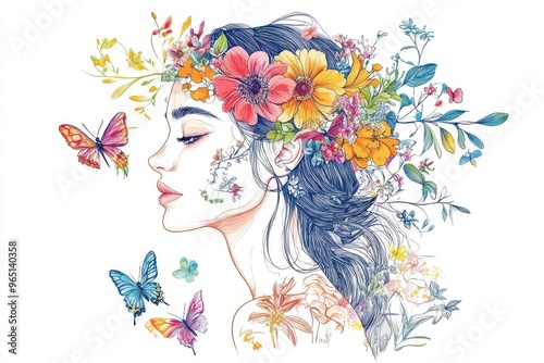 woman with flowers and butterfly