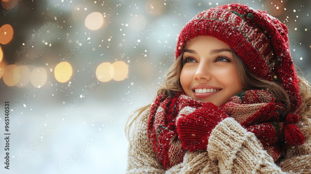 A smiling woman enjoys snowflakes while wearing a cozy sweater and festive hat during winter in a scenic park A smiling woman enjoys snowflakes while wearing a cozy sweater and festive hat during winter in a scenic park