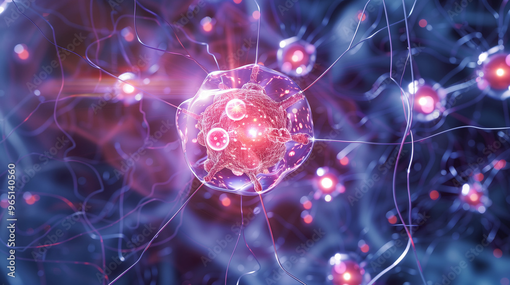 Obraz premium Dynamic molecular structure of glowing particles representing quantum energy and atomic interaction