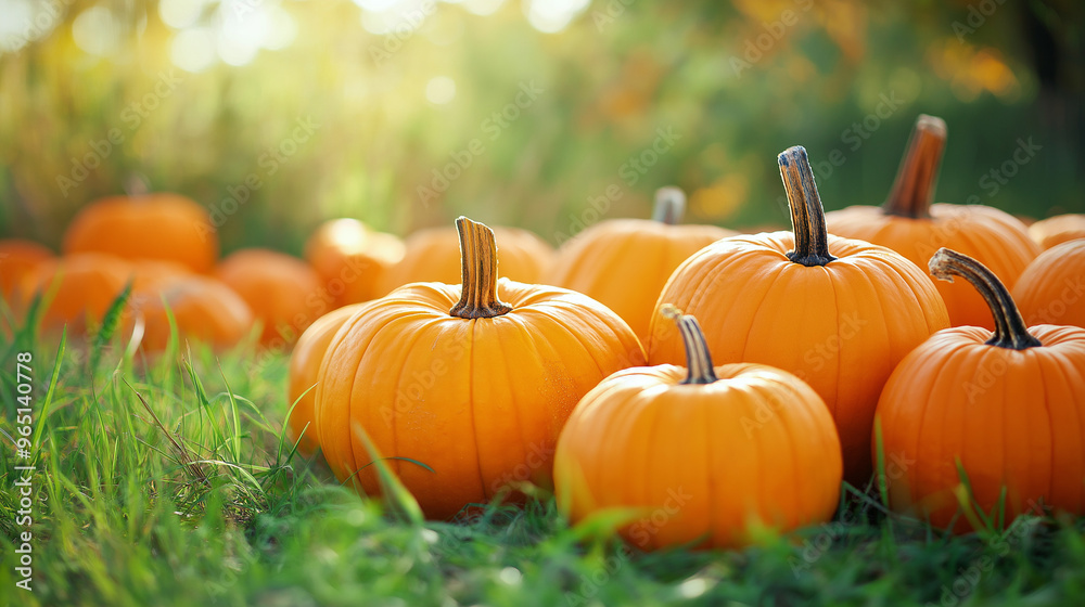 Bright orange pumpkins are scattered across a lush green patch, basking in sunlight, signaling the peak of the autumn harvest season, awaiting collection, copy space Bright orange pumpkins are scattered across a lush green patch, basking in sunlight, signaling the peak of the autumn harvest season, awaiting collection, copy space