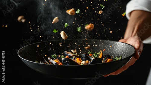 Fresh Mussels in Black Pan with Steam and Herbs photo