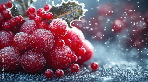 Frosted red berries with vibrant leaves set against a snowy backdrop during winter twilight